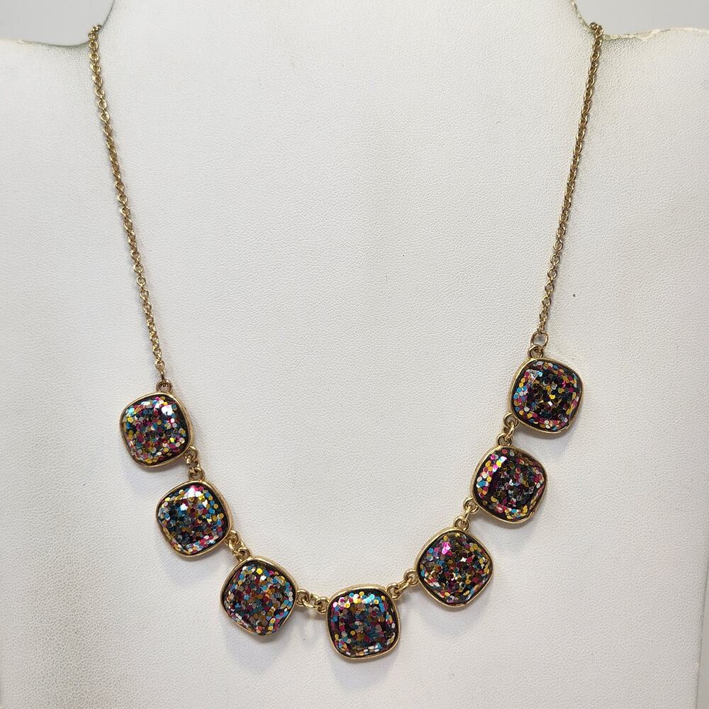 Liz Claiborne Confetti Glitter Square Bead Gold Tone Chain Necklace Rainbow Hues